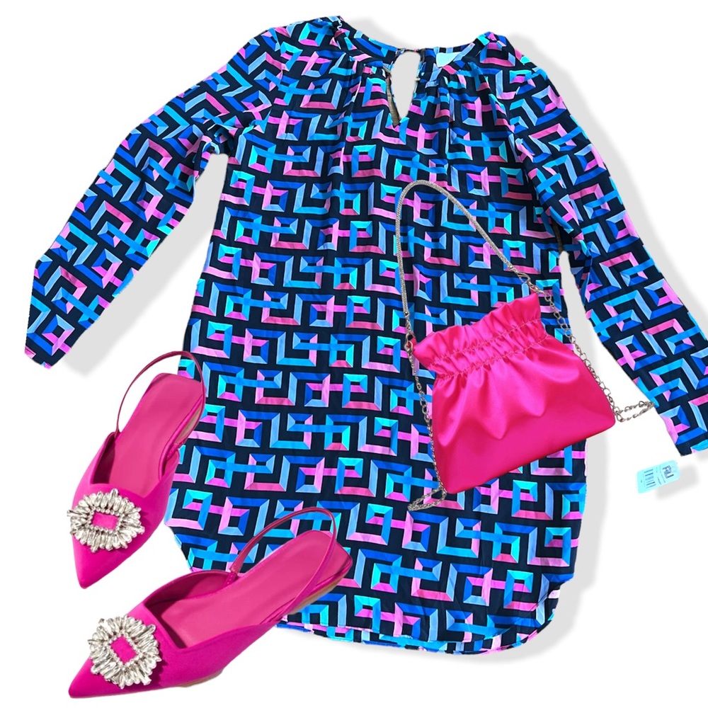 AMANDA UPRICHARD Blue Geometric Key-hole Long Sleeve Silk Tunic Short dress